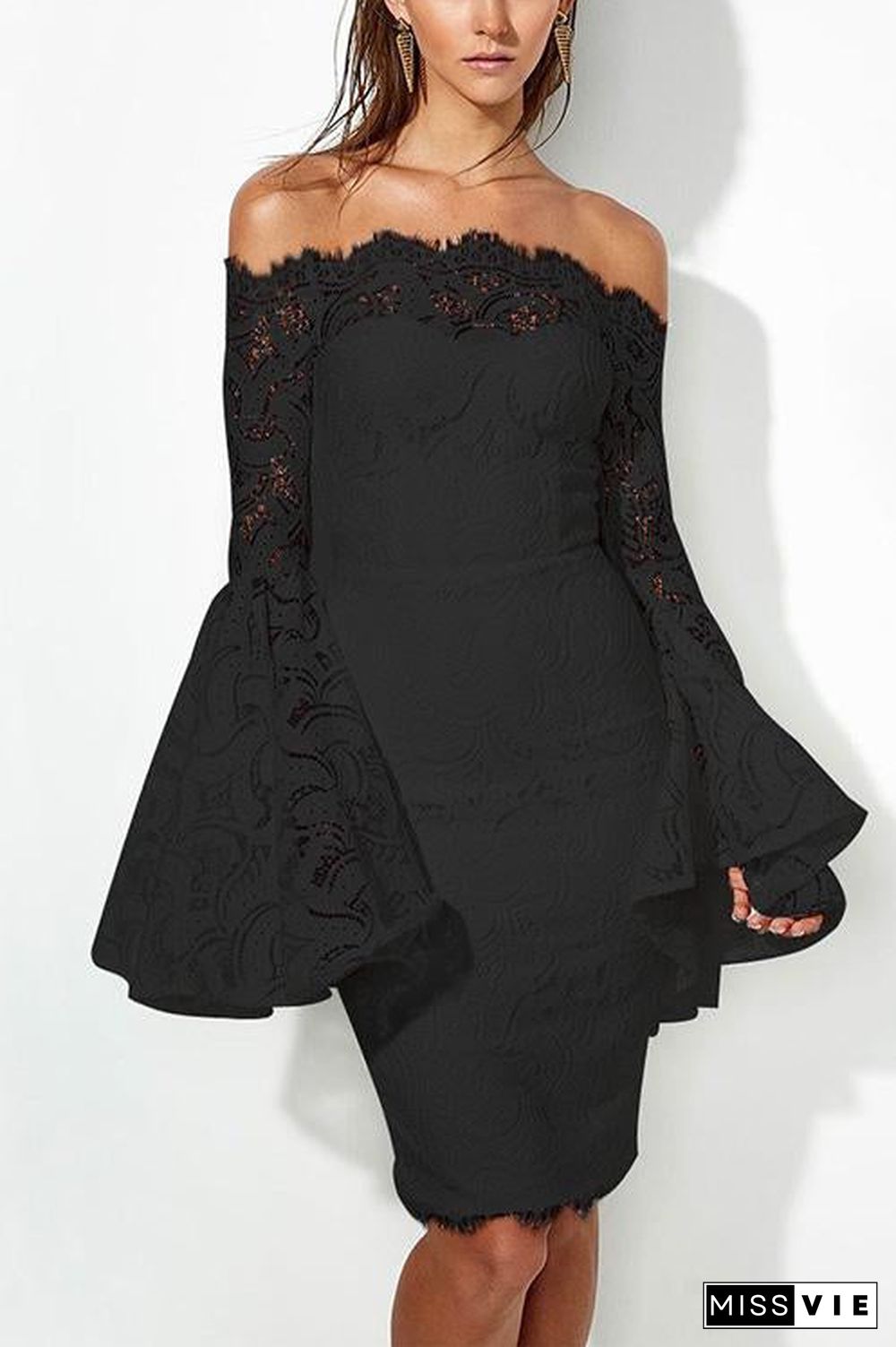 Off Shoulder Bell Sleeves Lace Bodycon Dress