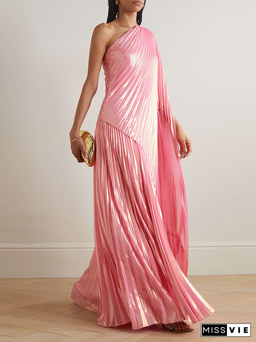 Loose Asymmetric Pleated One-Shoulder Maxi Dresses