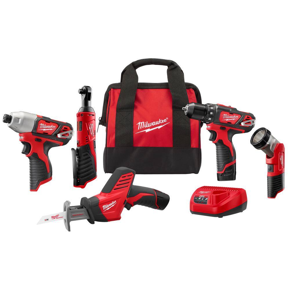 MW M12 12V Lithium-Ion Cordless Combo Kit (5-Tool) with Two 1.5 Ah Batteries Charger and Tool Bag 2498-25H