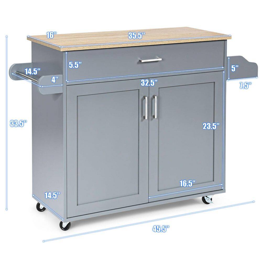 Costway Rolling Kitchen Gray Island Cart Storage Cabinet with Towel and Spice Rack KC51983GR