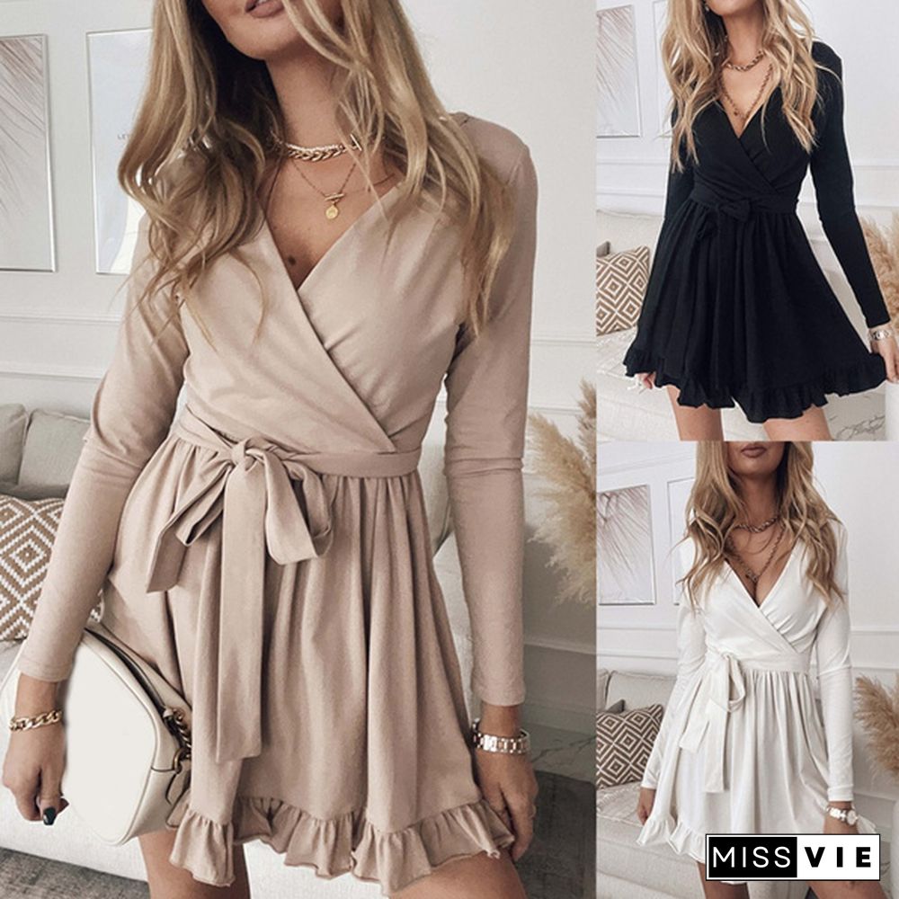 New Ruffles V Neck Sexy Dress Women Spring Autumn Long Sleeve A-Line Solid Sashes Mini Dresses Size S-XXXL