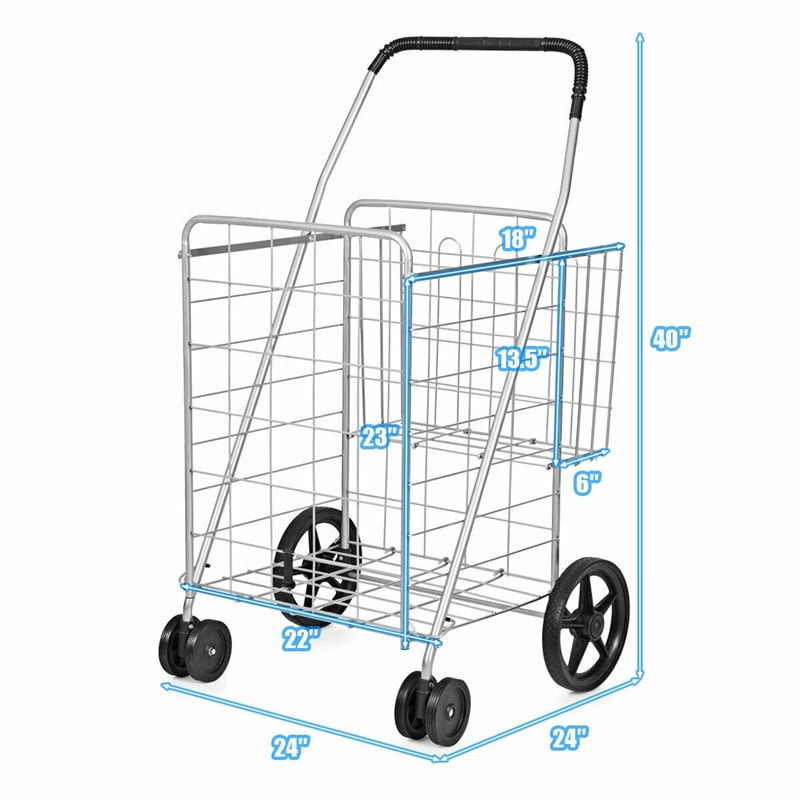 Jumbo Folding Shopping Cart Utility Cart with Double Basket & Swivel Wheels