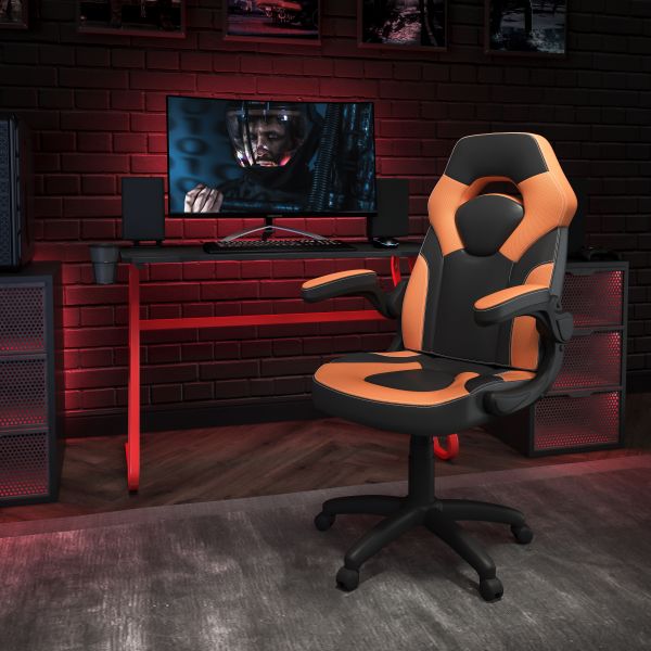 Optis Red Gaming Desk and Orange/Black Racing Chair Set with Cup Holder and Headphone Hook