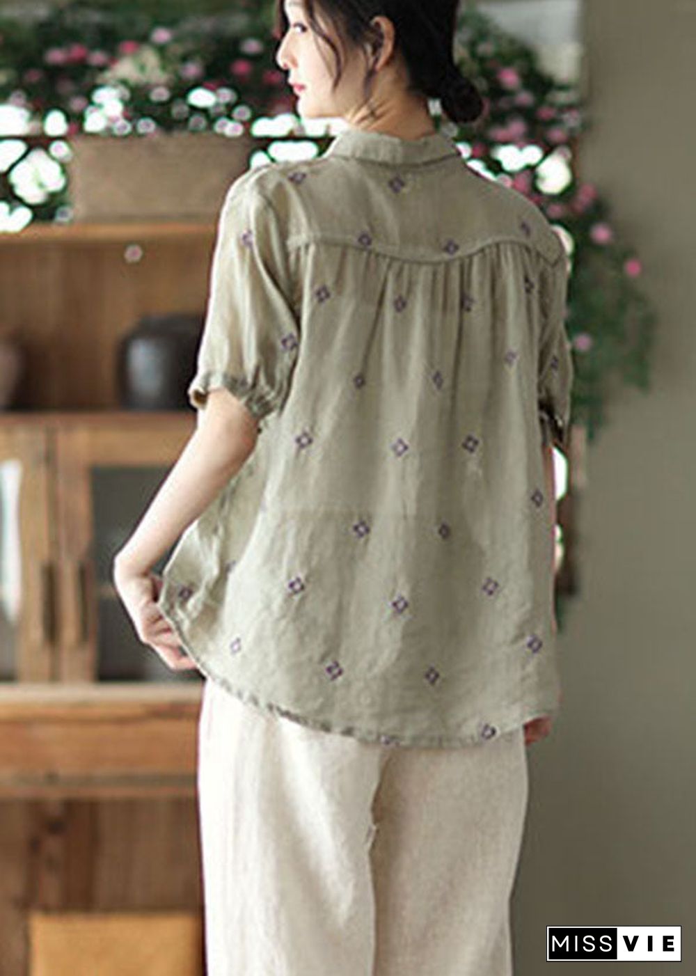 Vintage Grey Green Embroideried Linen Shirt Top Short Sleeve