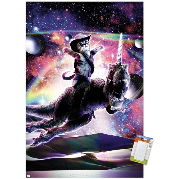 Trends International James Booker Galaxy Cat On Dinosaur Unicorn In Space Unframed Wall Poster Prints