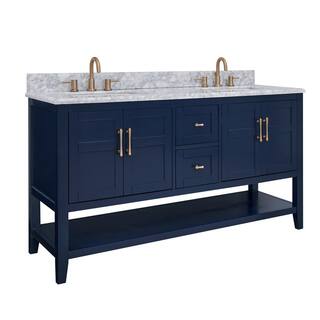 Home Decorators Collection Sturgess Open Shelf 61 in. W x 22. D x 35. H Double Sink Vanity in Navy Blue with White Marble Vanity Top 19111S-VS61C-NB