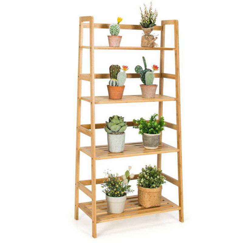 Hivago 4-Tier Bookshelf Ladder Shelf Plant Stand Rack-Natural