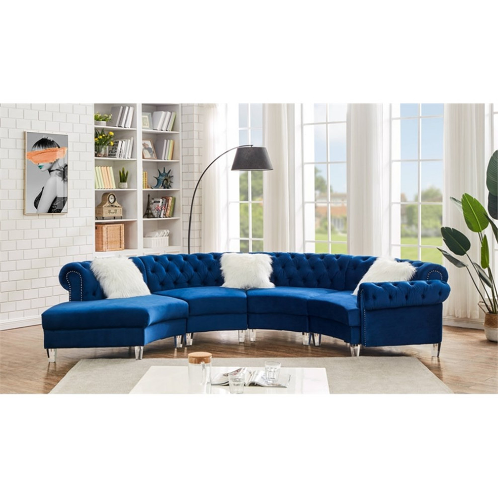 Legend Vansen 138.6 quotModern Velvet Sectional Sofa with Nailhead Trim in Blue   Contemporary   Sectional Sofas   by Homesquare  Houzz