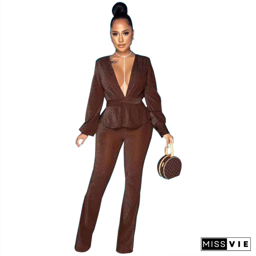 Shiny Plunge V Neck Long Sleeve Crop Top Pants Suits