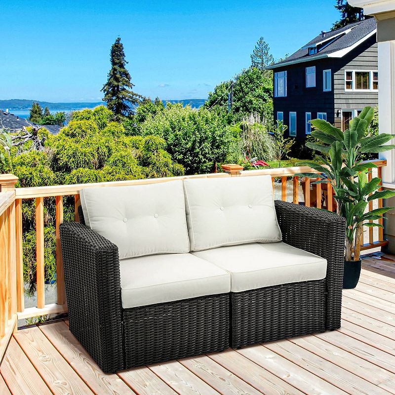 Outsunny 2 Piece Patio Wicker Corner Sofa Set， Outdoor PE Rattan Furniture， with Curved Armrests and Padded Cushions for Balcony， Garden， or Lawn， Lawn， Dark Blue