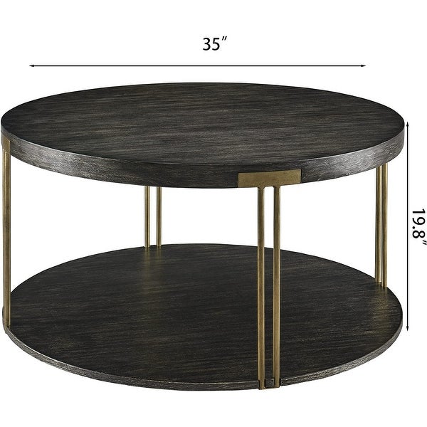 Round Coffee Table 2-Tier Cocktail Table with Storage Shelf Solid Wood