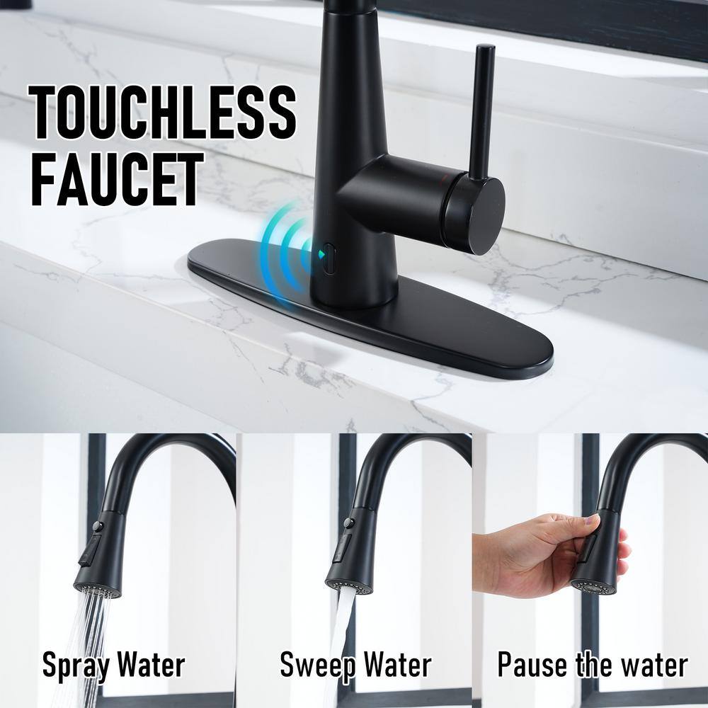 Boyel Living 3-Spray Patterns Single Handle Touchless 1.8 GPM Pull Down Sprayer Kitchen Faucet with Deckplate Included in Matte Black BL-APS243TL-MB