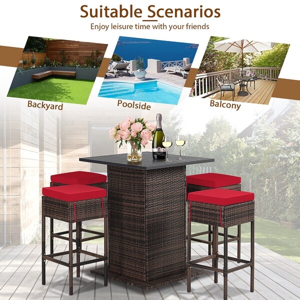 Gymax 5PCS Patio Bar Set Rattan Bar Furniture Set w/ Table and 4