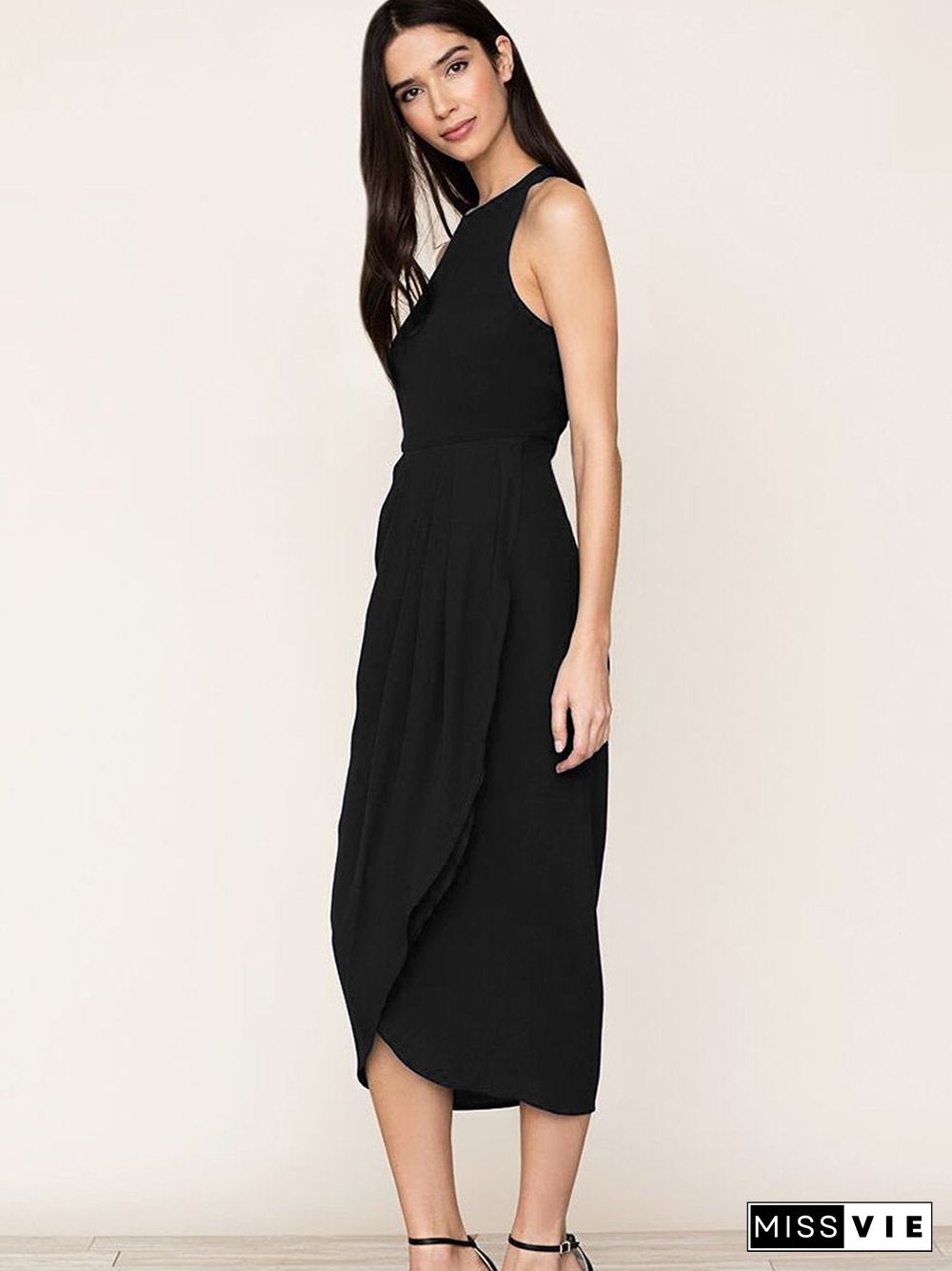 Black So Social Round Neck Sleeveless Irregular Hem Midi Dress