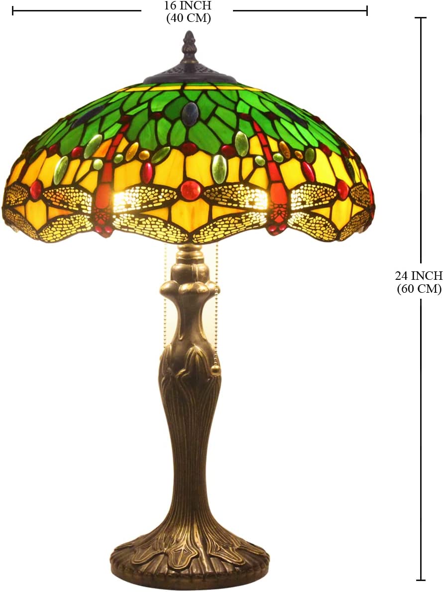 Tiffany Lamp Stained Glass Bedside Table Lamp Green Yellow Dragonfly 16X16X24 Inches Desk Reading Light Metal Base Decor Bedroom Living Room Home Office S009G Series