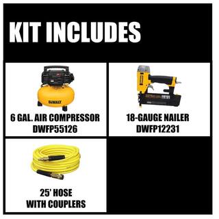 DW 6 Gal. 165 PSI Electric Pancake Air Compressor with 18-Gauge Pneumatic 2 in. Brad Nailer  50 ft. x 14 in. Air Hose DWFP55126W23450