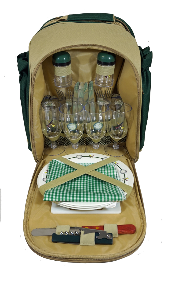 Picnic Basket Back Pack - 32 Piece Set - Insulated Wine Bottle Holders， Cheese cutter and Cutting Board， Wine Opener， Salt and Pepper Shakers and More in this Comfortable BackPack