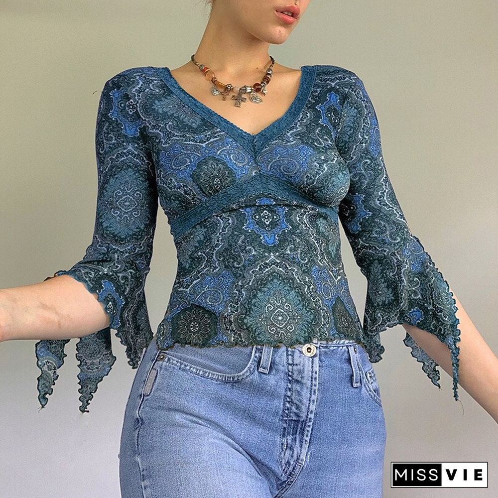 Autumn Lace Floral Mesh Tops Women Vintage Half Flare Sleeve V Neck T-Shirts Female Elegant Slim Brown Tee Shirts Mujer