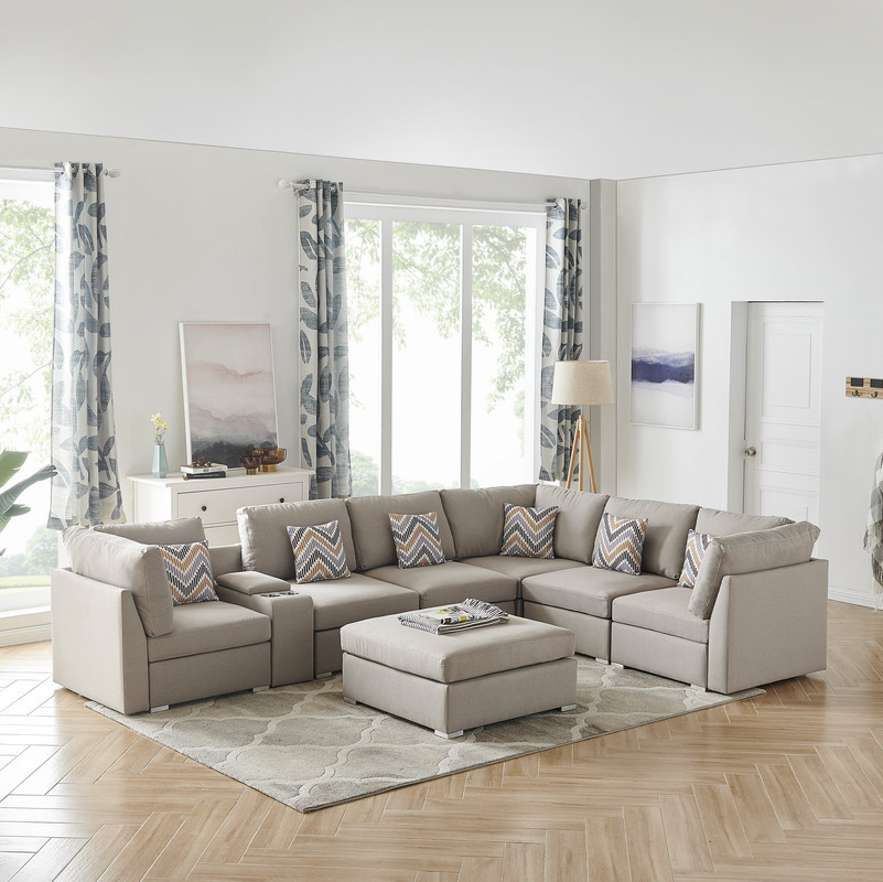 Amira Beige Fabric Reversible Sectional Sofa with USB Storage Console Cupholders   Contemporary   Sectional Sofas   by Morning Design Group  Inc  Houzz