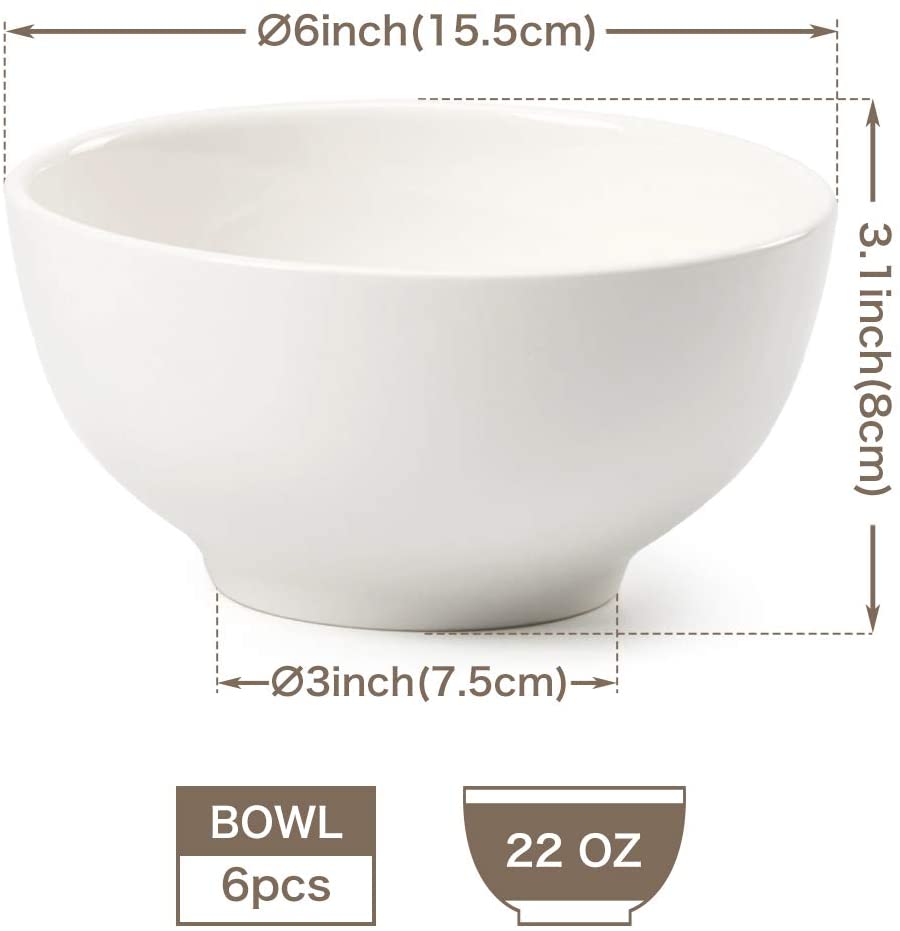 EZOWare 6-inch Porcelain Bowl Set， 22 oz Round Bowls for Cereal， Salad， Soup， Snacks， Dessert - 6 Pack， White