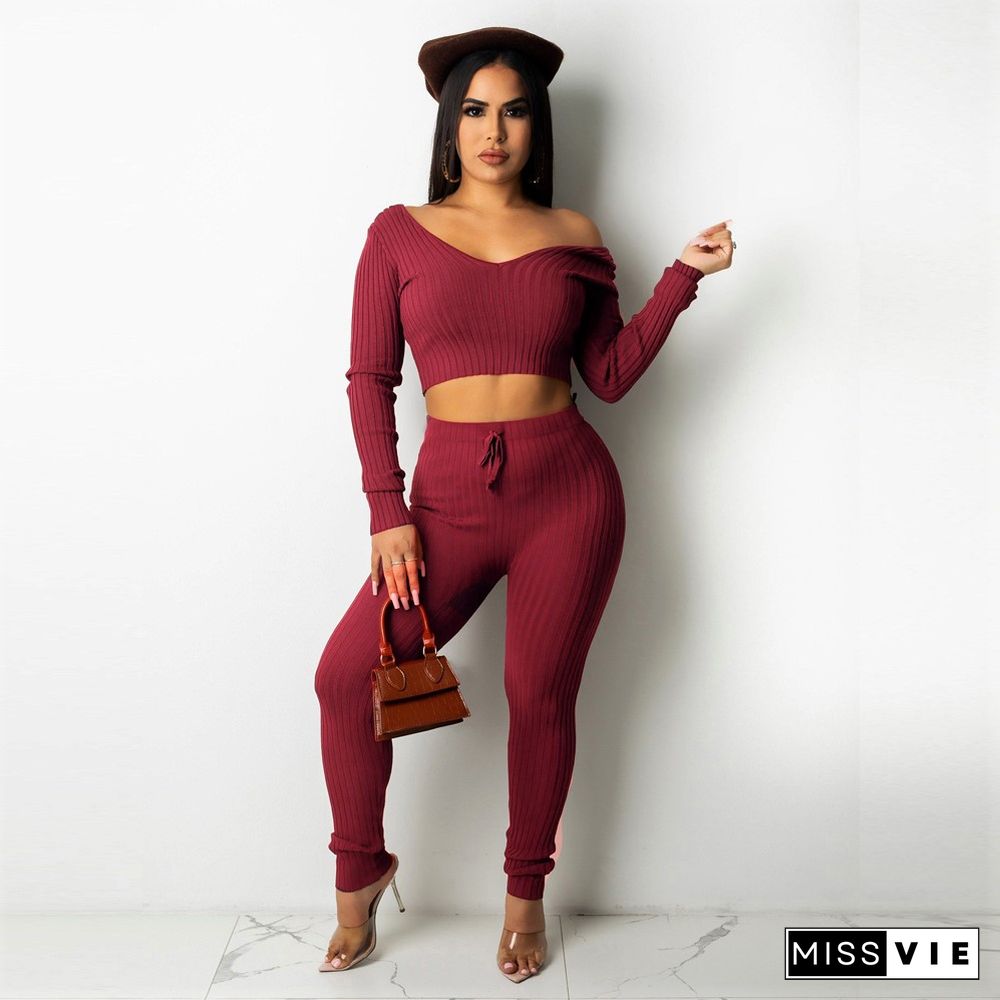 Solid V Neck Crop Top Lace Up Pants Set