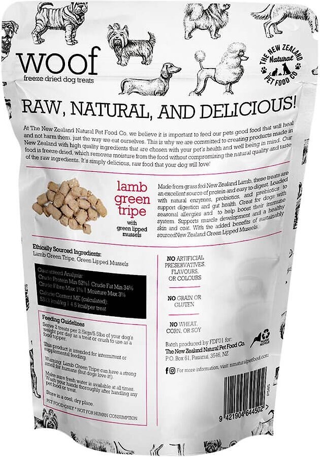 The New Zealand Natural Pet Food Co. Woof Lamb Green Tripe Freeze-Dried Dog Treats， 1.4-oz bag