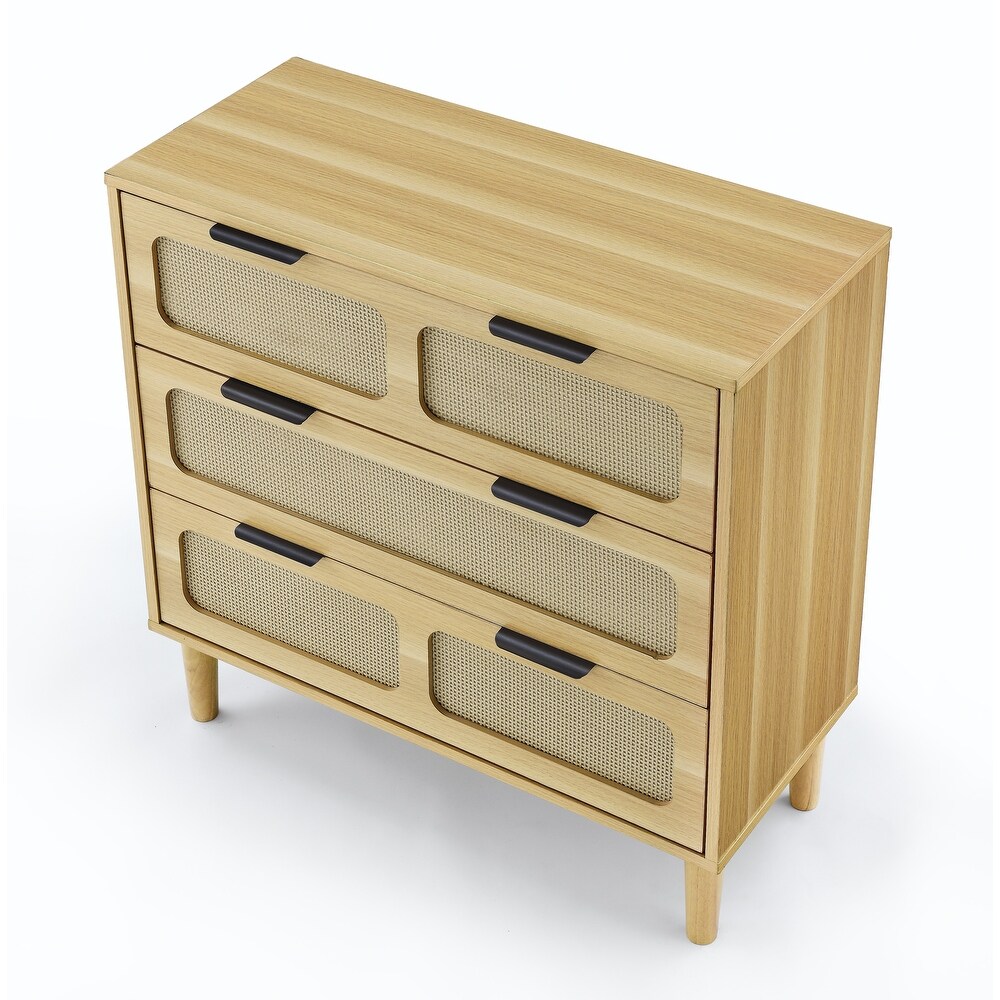 Modern rattan dresser cabinet with wide drawers and metal handles