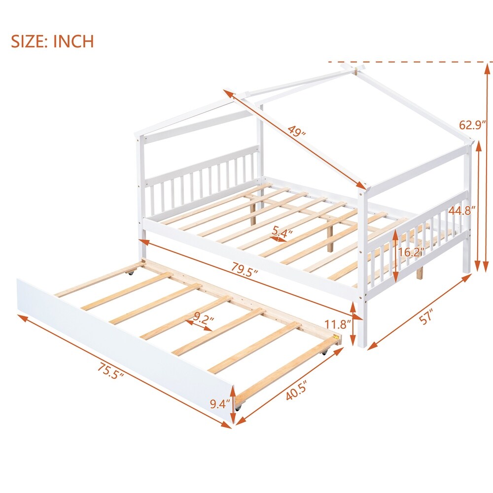 Full House Bed with Trundle  Kids Playhouse Platform Bed Frame with Storage Shelves  Montessori Be for Kids Girls Boys  White