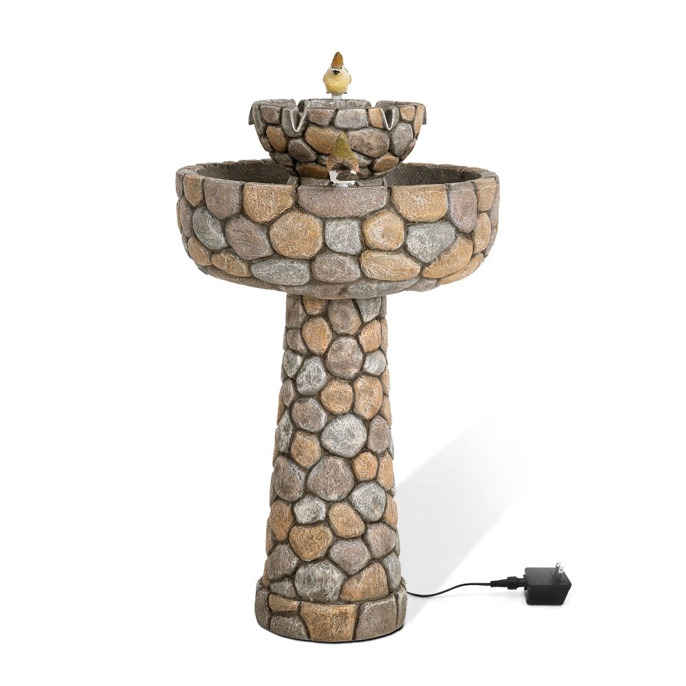 Glitzhome 24.5 inch Outdoor 2 tier Faux Pebbles Polyresin Birdbath Fountain with Pump