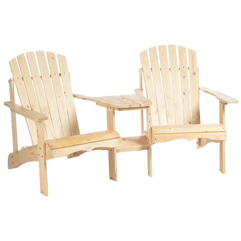 Outsunny Set of 2 Wooden Adirondack Chairs， Outdoor Double Seat with Center Table and Umbrella Hole for Patio， Backyard， Deck， Fire Pit， White