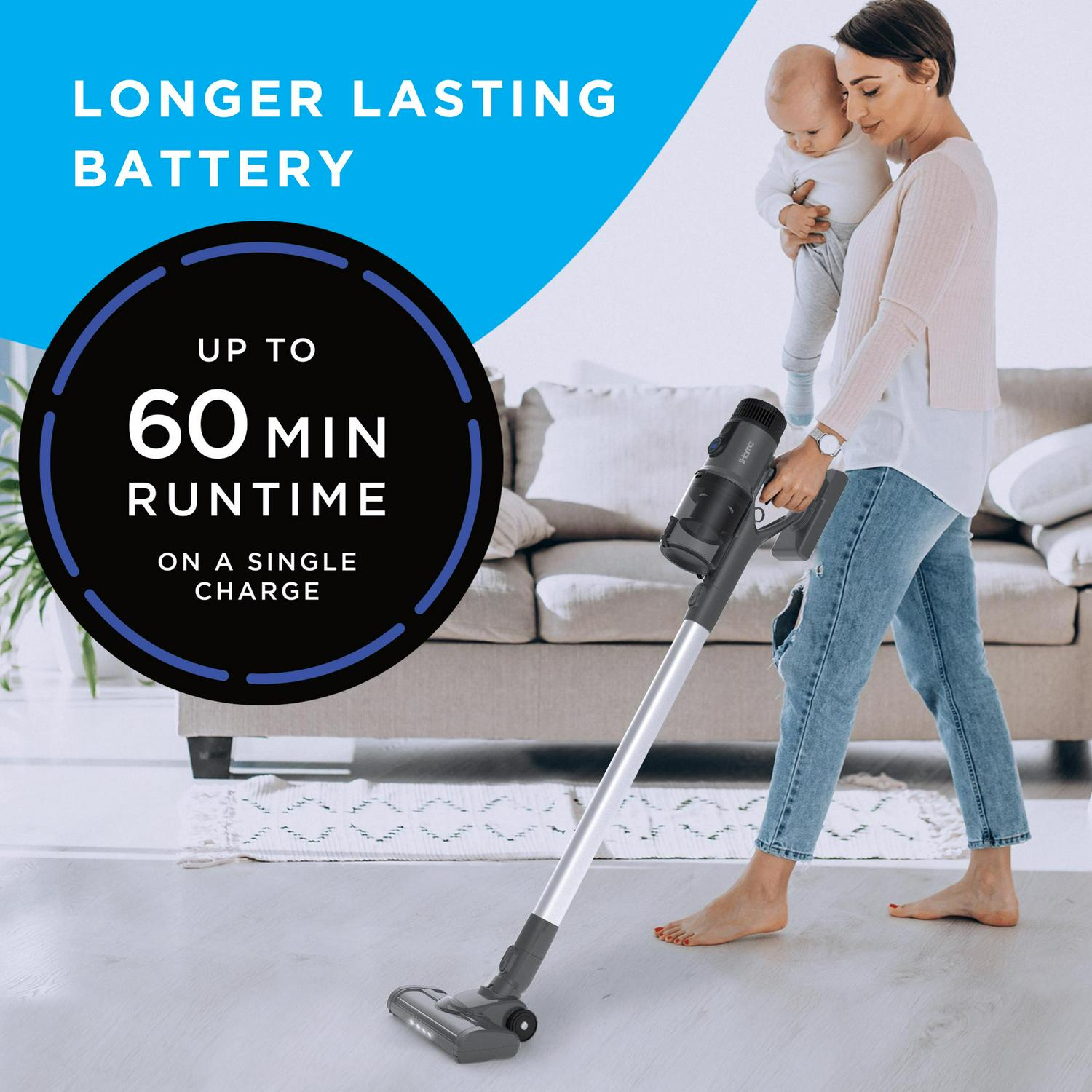 iHome StickVac SV2 Lightweight Cordless Vacuum Cleaner， with Strong Suction， LED Lighting， 4 -in-1 Converts to HandVac， Long Lasting Battery