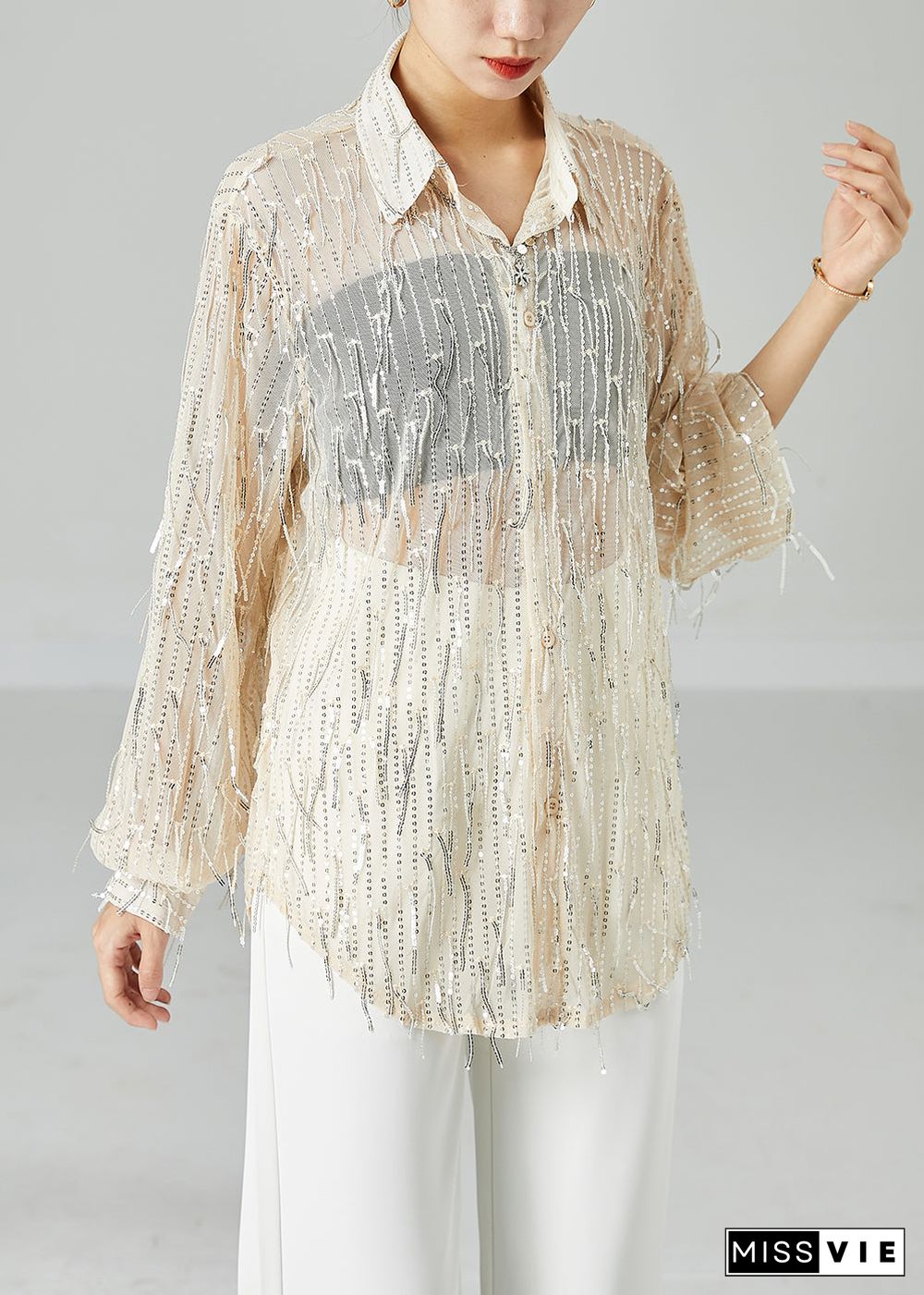 Women Apricot Sequins Tassel Tulle UPF 50+ Shirt Top Summer