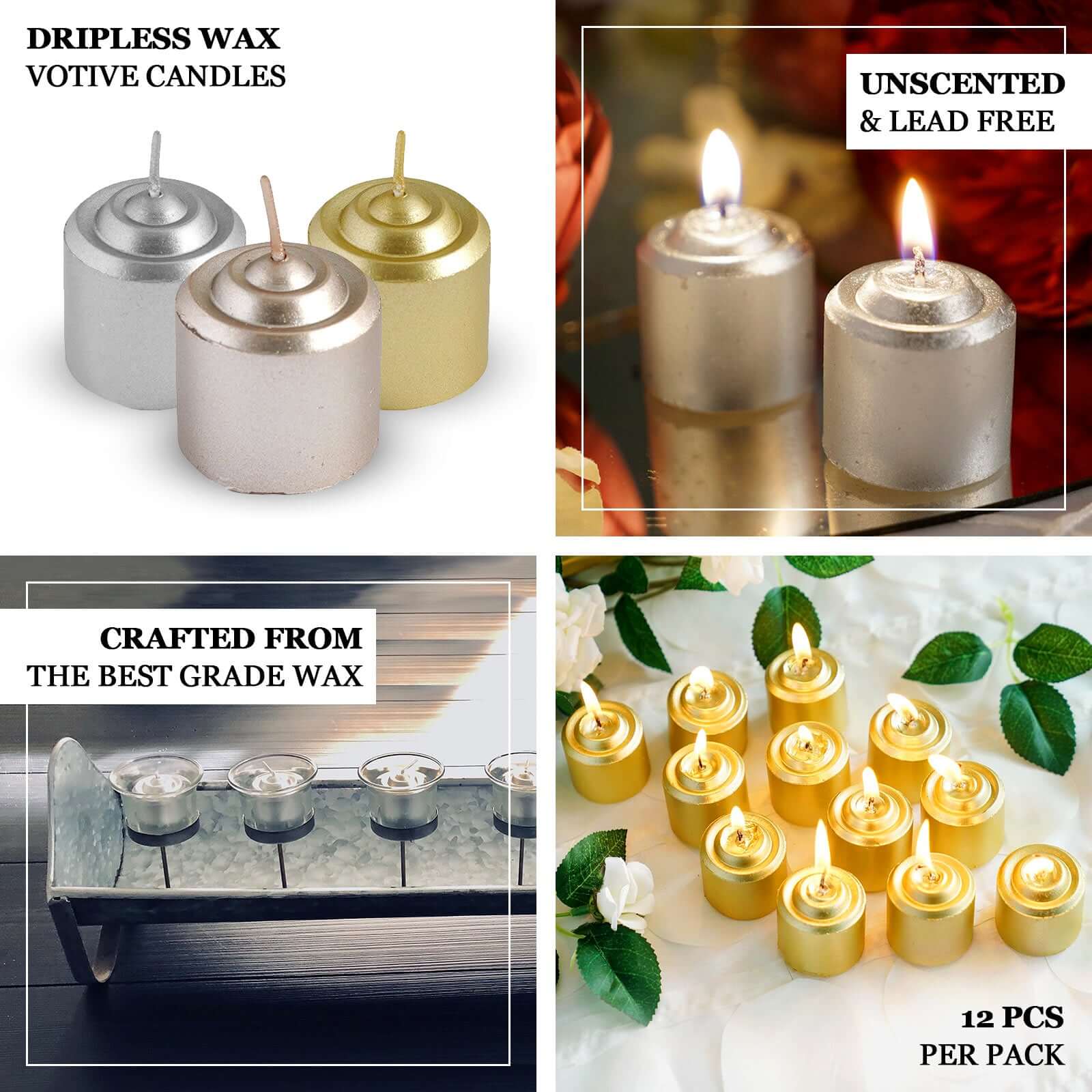 12 Pack Gold Dripless Unscented Wax Votive Candles, Long Lasting Burn Real Wax 1.5