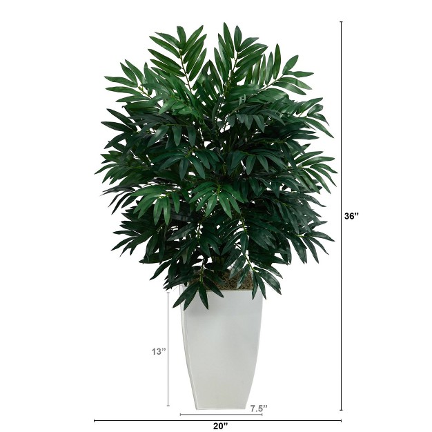 Nearly Natural 3-ft Bamboo Palm Artificial Plant In White Metal Planter