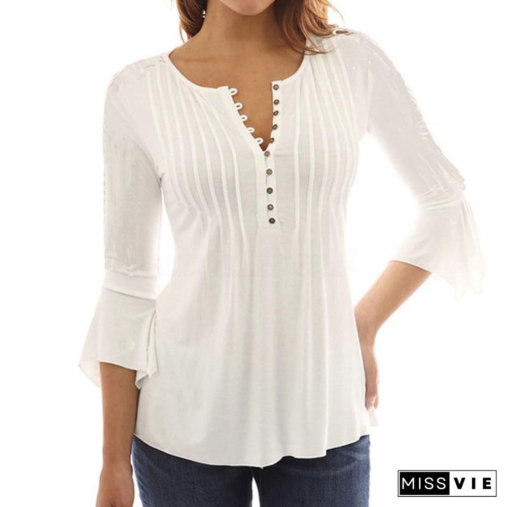 Women Elegant Ruffles Tops Plus Size Flare Sleeve Solid Casual Loose Shirt Blouse