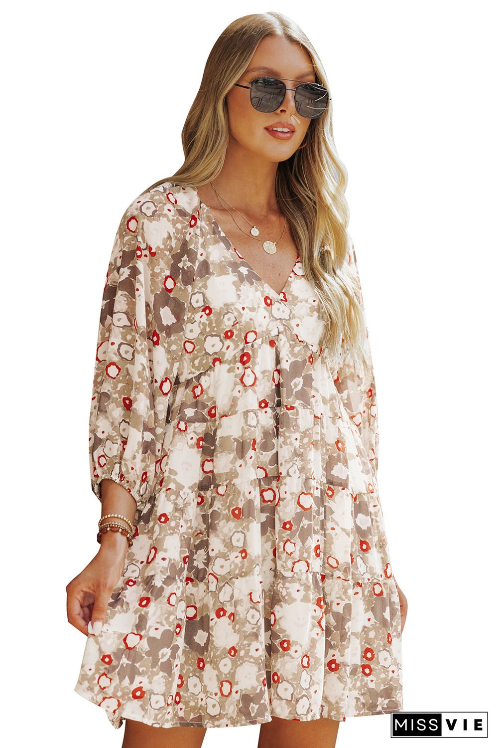 Apricot 3/4 Sleeves V Neck Print Tiered Flowy Short Dress