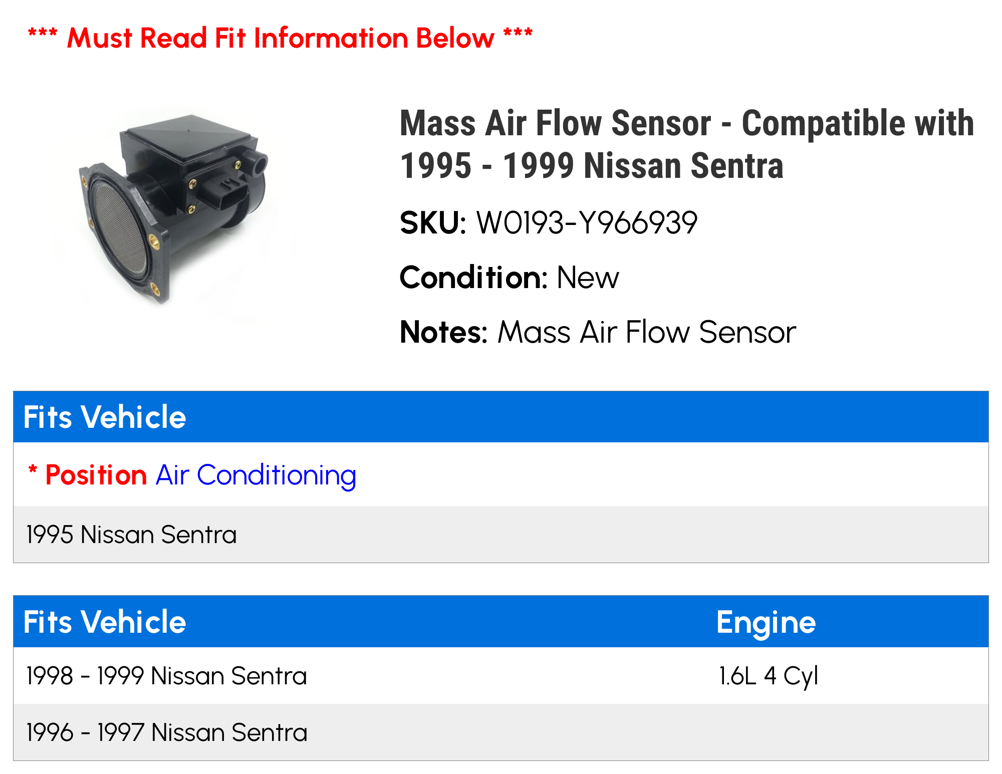 Mass Air Flow Sensor - Compatible with 1995 - 1999 Nissan Sentra 1996 1997 1998