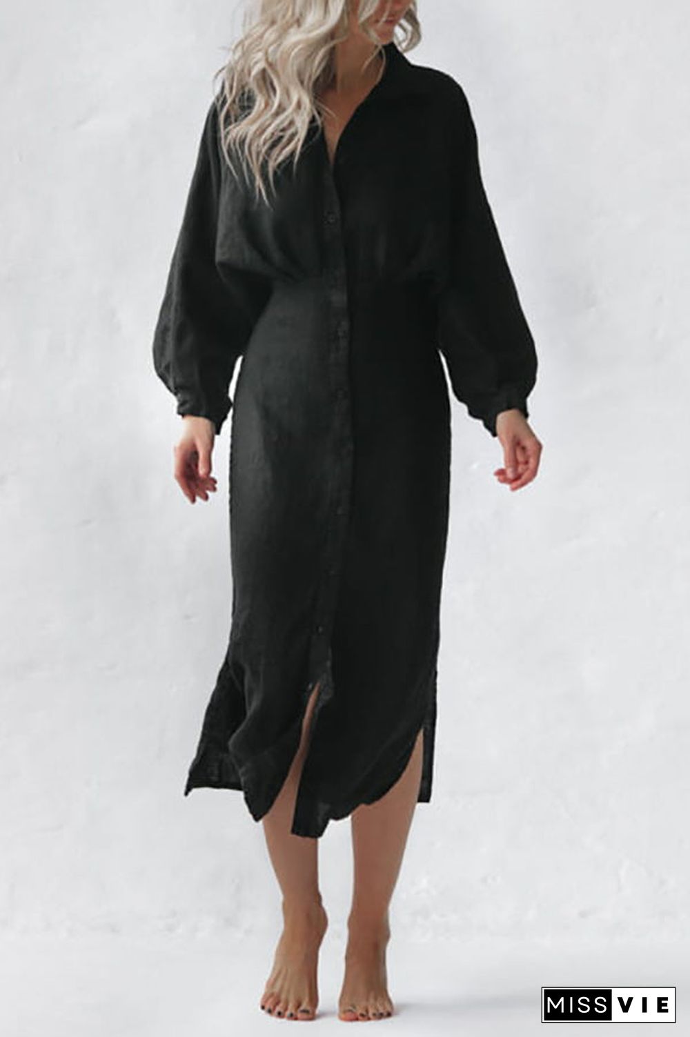 Button Bat Sleeve Midi Shirt Dress