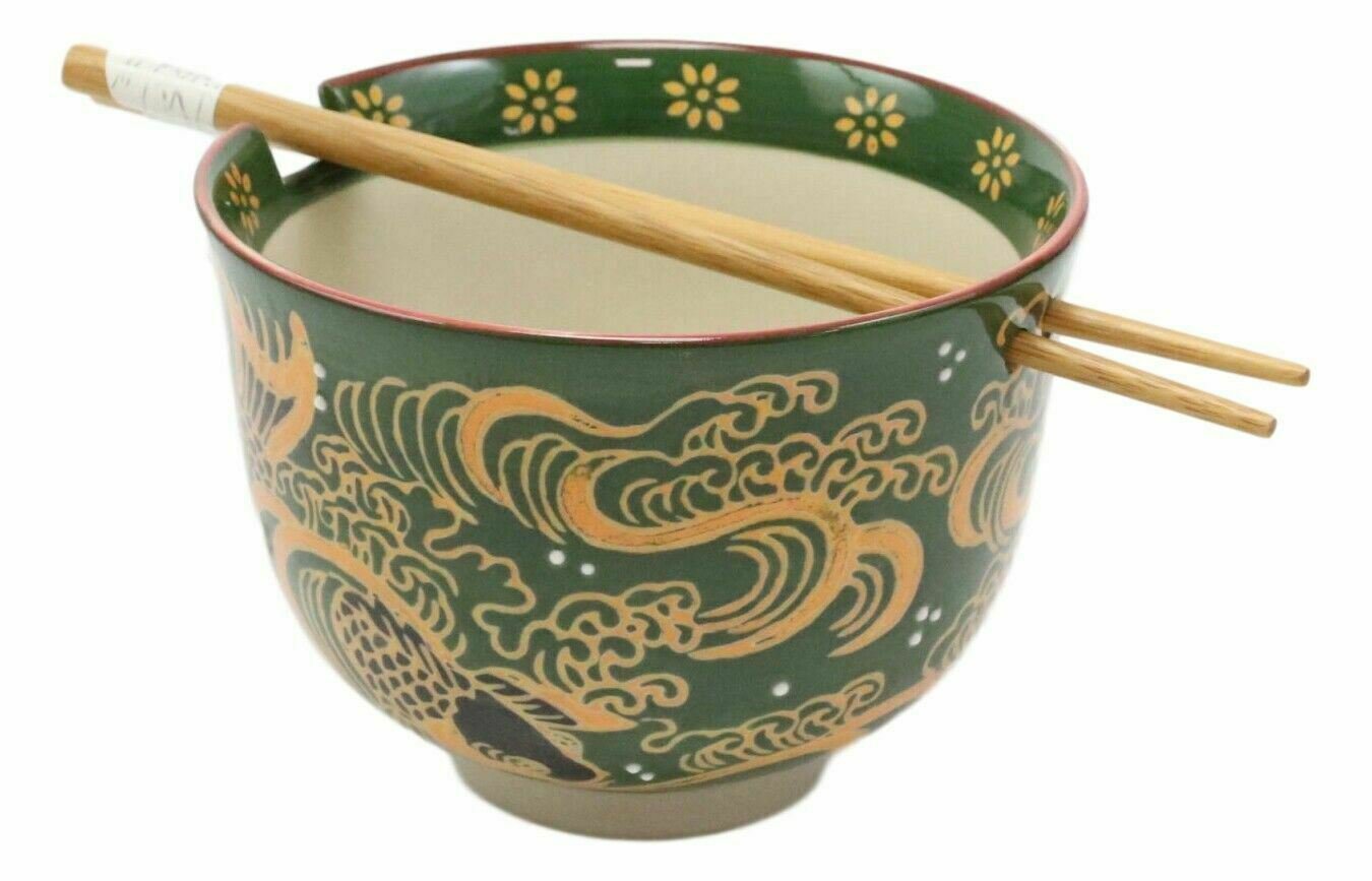 1 Green And Yellow Koi Fishes With Crystals Ramen Soup Bowl With Chopsticks Set EBR02