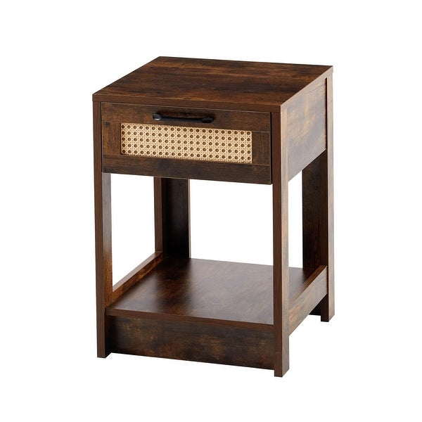 Rectangle MDF Rattan End Table with Drawer Modern Nightstand Side Table - 15.75*15.75