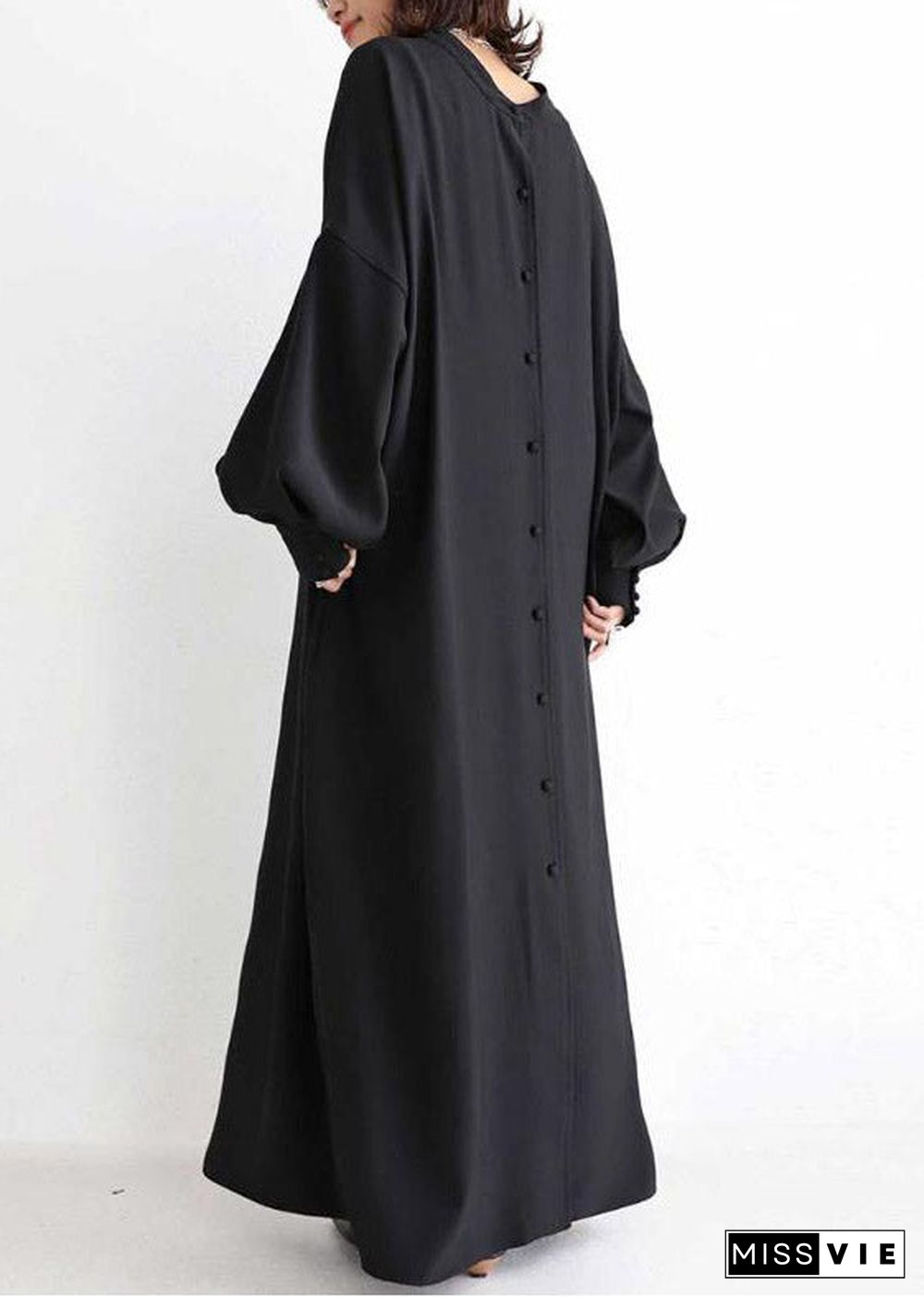 Vogue Black O-Neck Button Maxi Dress Long Sleeve