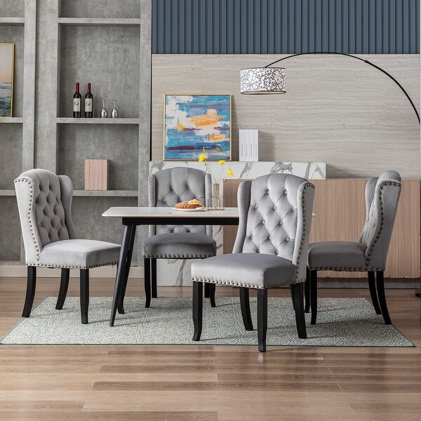 Dining Chairs Set of 2， Tufted Velvet Upholstered Dining Room Chairs with High Back and Wooden Legs， Grey - as picture