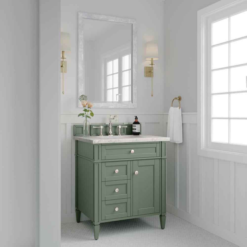 James Martin Vanities Brittany 30.0 in. W x 23.5 in. D x 33.8 in. H Bathroom Vanity in Smokey Celadon with Eternal Jasmine Pearl Quartz Top 650-V30-SC-3EJP