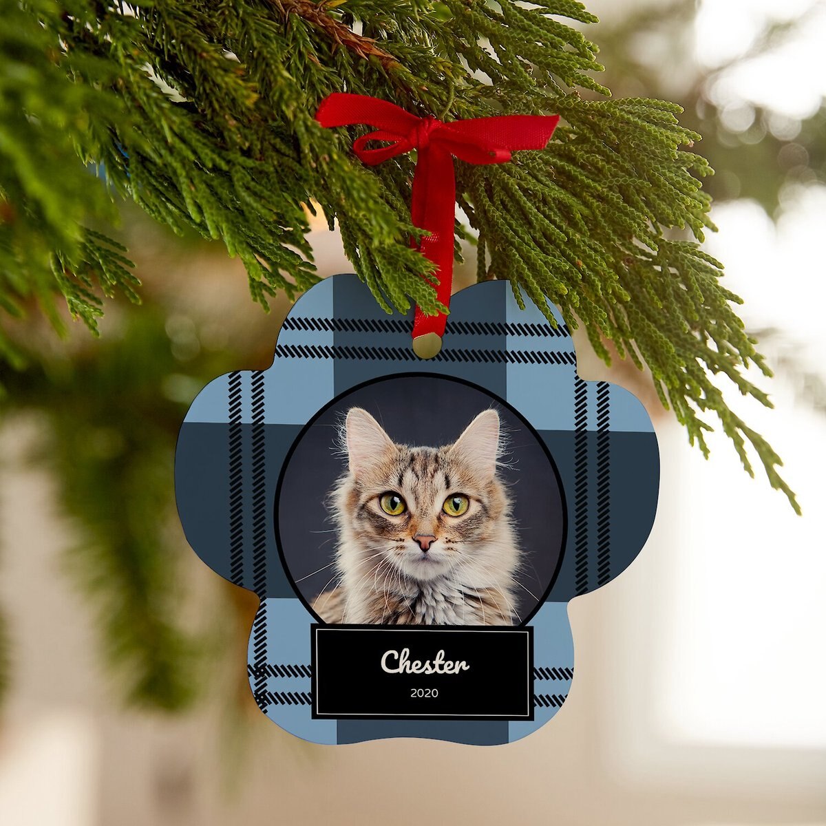 Frisco Plaid Paw Shape Metal Personalized Dog and Cat Holiday Ornament