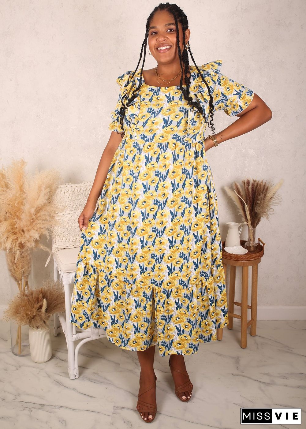 Plus Size Ruffle Front Dress, Yellow