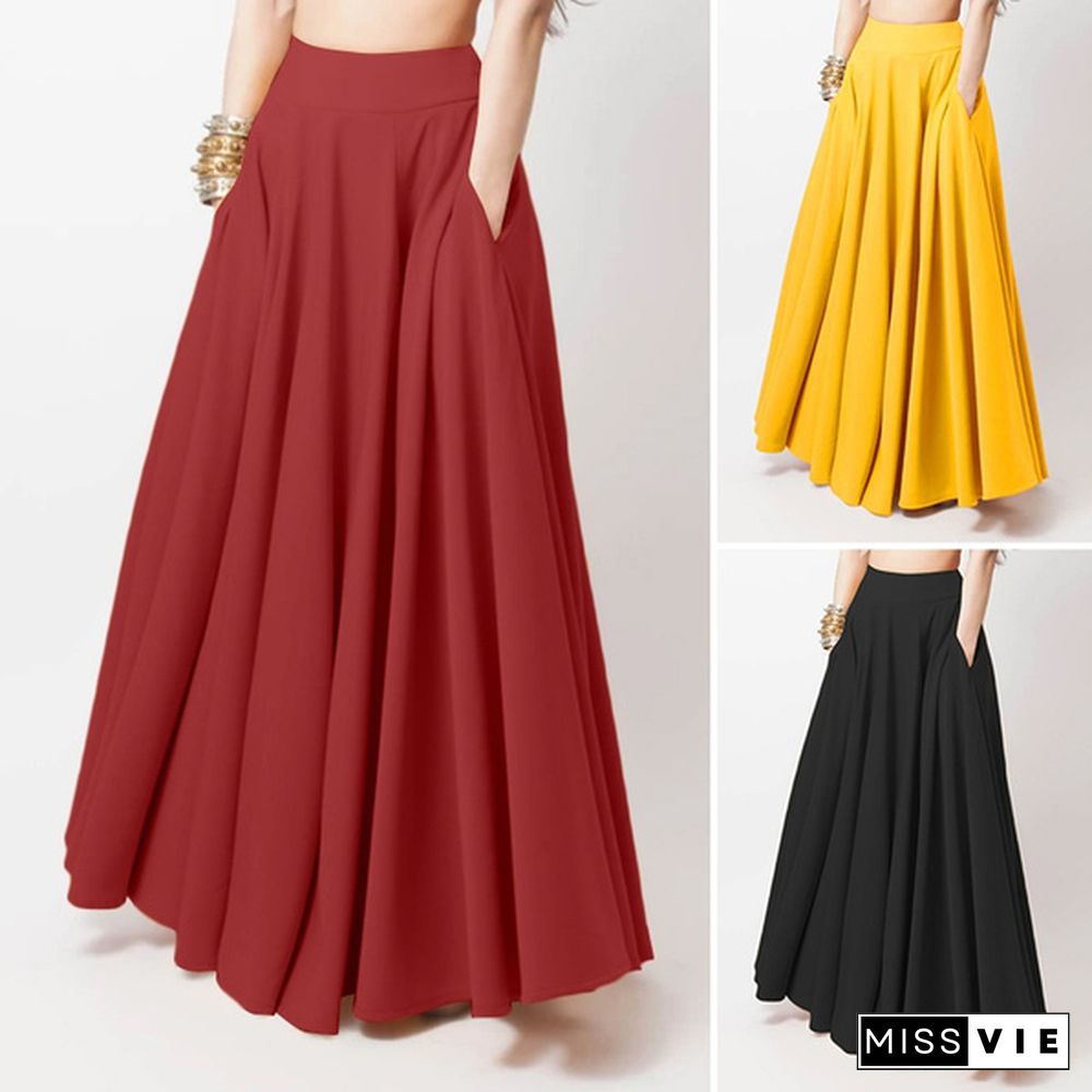 Women High Waist Skirt Flare Pleated Skirt Maxi Skirt Dress S-5Xl