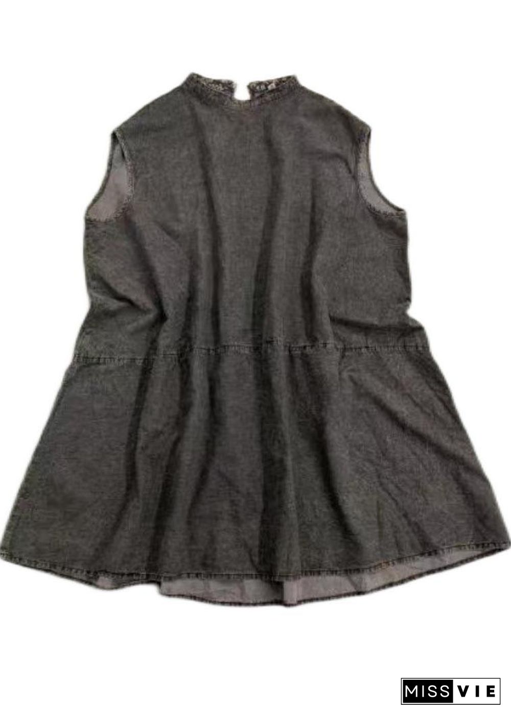 Fitted Black Grey O-Neck low high design Summer Denim Mid Dress