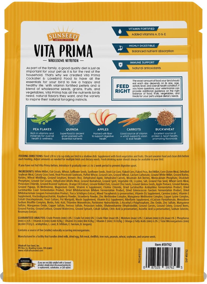 Sunseed Vita Prima Cockatiel and Lovebird Food， 3-lb bag