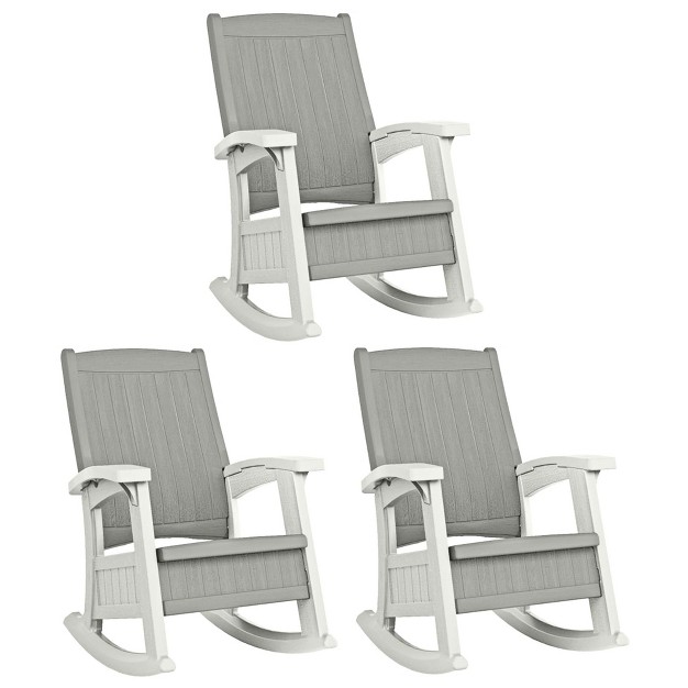 Suncast Outdoor Lightweight Portable Rocking Chair With 7 Gallon In seat Storage Porch Patio Deck Furniture 375 Pound Capacity Dove Gray 3 Pack