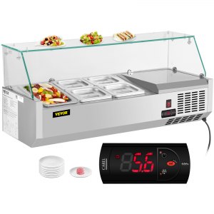 VEVOR Refrigerated Condiment Prep Station， 40-Inch， 7.8Qt Sandwich Prep Table w/ 1 1/3 Pan  4 1/6 Pans， 150W Salad Bar w/ 304 Stainless Body Tempered Glass Shield Digital Temp Display Auto Defrost